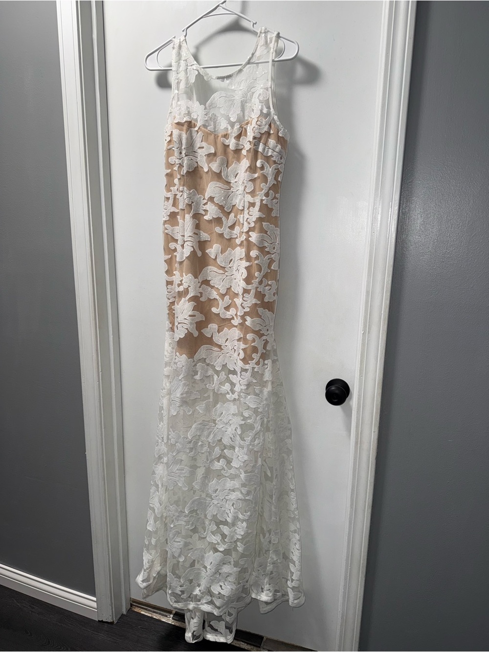 Lulu's White Lace Overlay Maxi Dress with Nude Lining